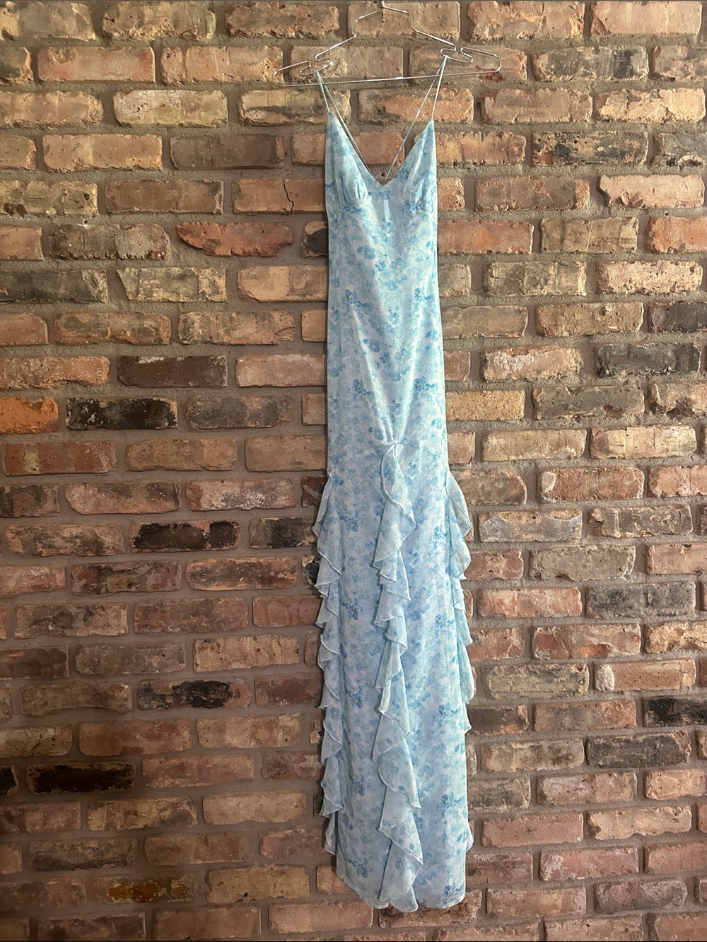 Light Blue Floral Ruffle Maxi Dress with V-Neck